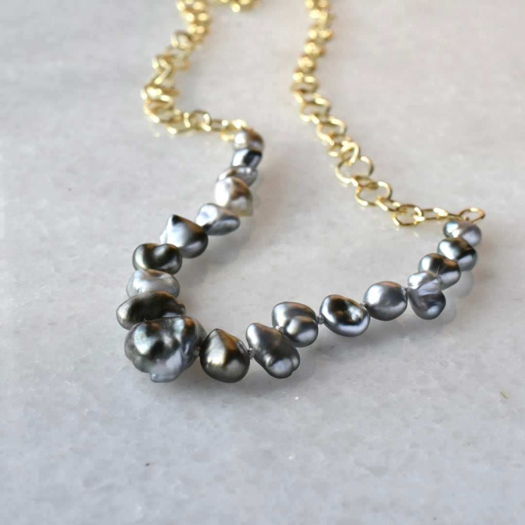 Kamoka Pearl Necklace on 18k gold Handmade Bubble Chain