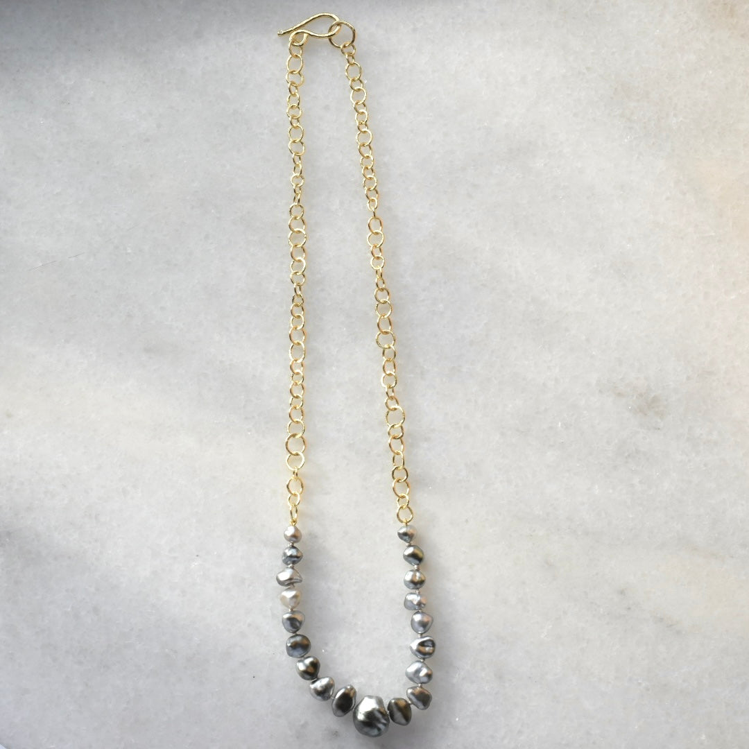 Kamoka Pearl Necklace on 18k gold Handmade Bubble Chain