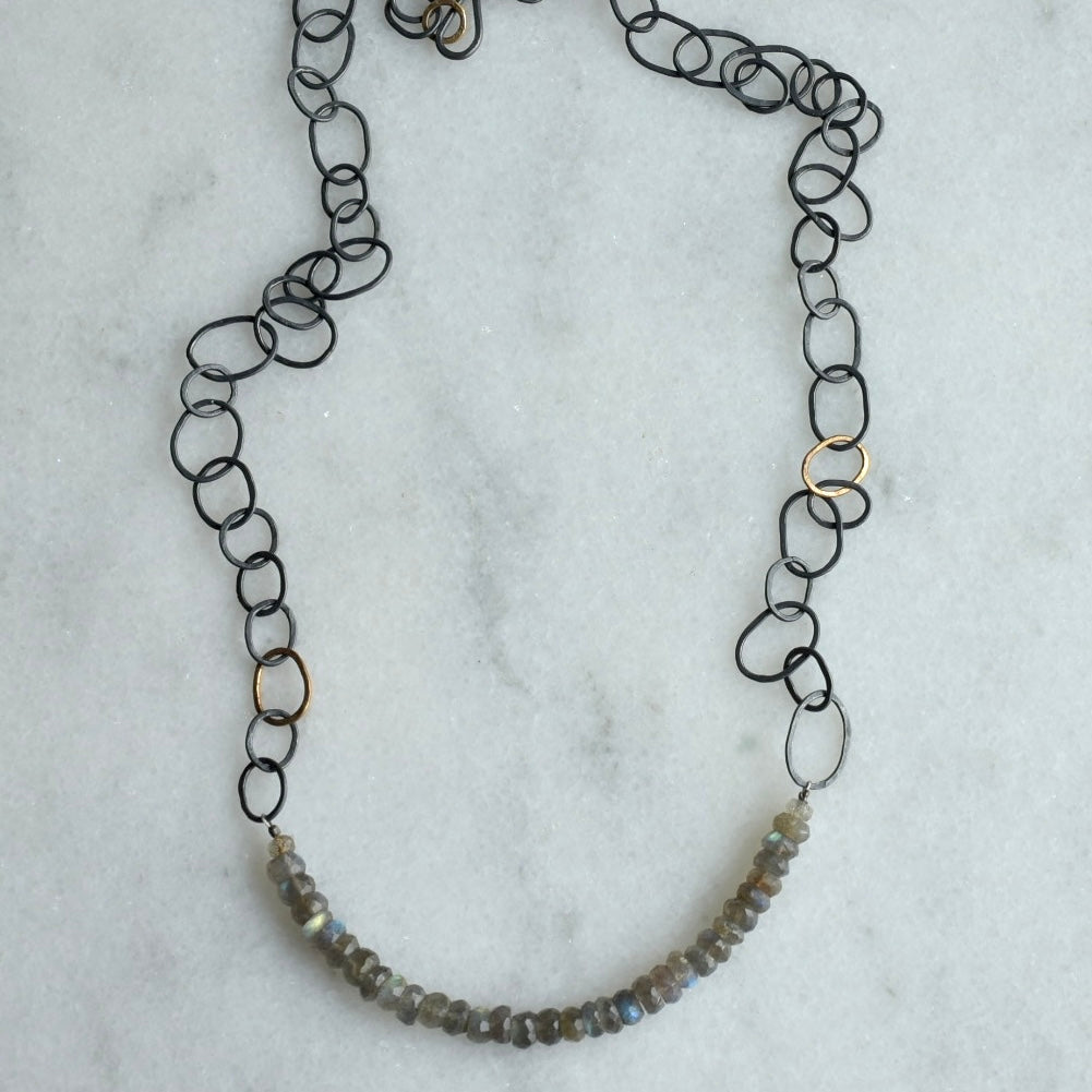 Green Grey Labradorite + Handmade Chain Necklace